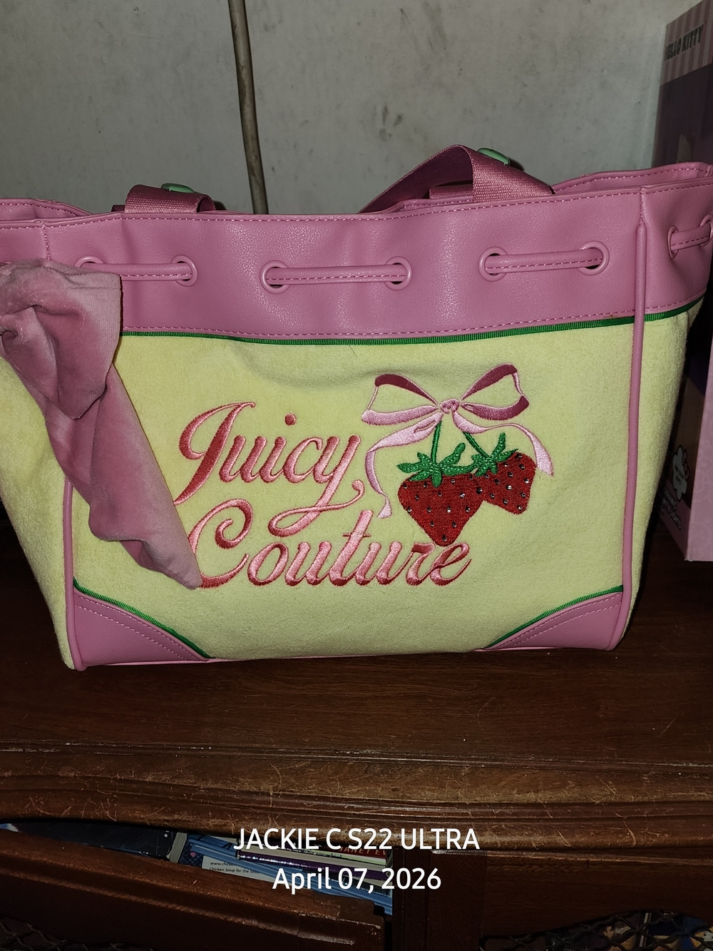 Juicy Couture Pink Trim Yellow Canvas Tote with Strawberry Embroidery